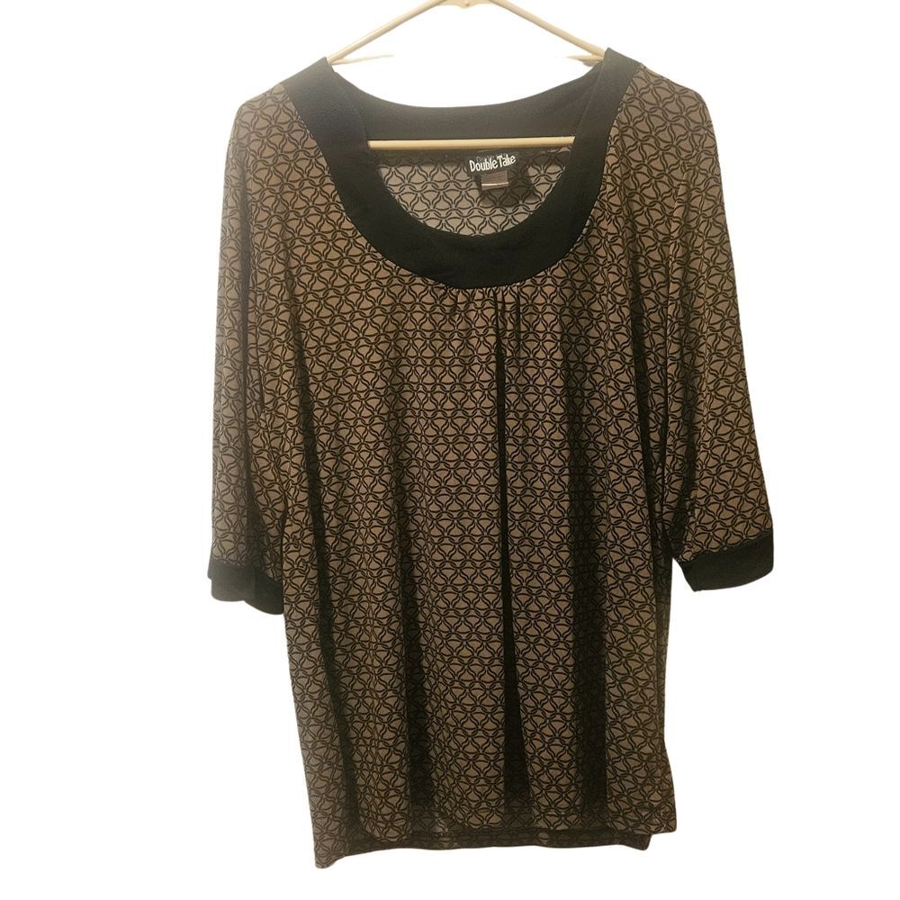 Double Take - Geometric blouse,  size 1X w/ 3/4 sleeve. Black & Brown